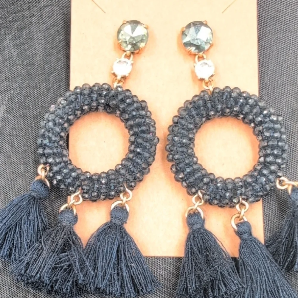 J. Crew Dark Navy Blue Almost Black Beaded Circle Tassel Earrings